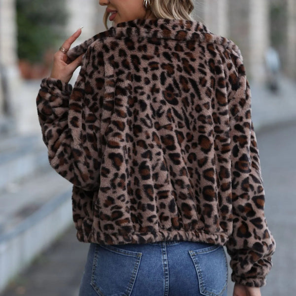 Streetwear Women Bomber Jackets Leopard Print Fashion Short Coats Fuzzy Fleece Long Sleeve Lapel Outerwear Cropped Cardigan