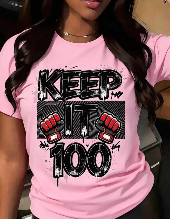 Women Crew Neck Short Sleeve T-Shirt Keep It 100 Graphic Bold Black Boxing Text Print Casual Everyday Basic Tops