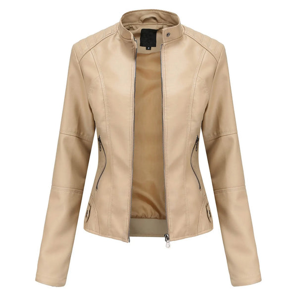 Women's Solid Color Pu Leather Jackets Slim Fit Zipper Leather Bomber Coat Turtleneck Women's Motorcycle Leather Jackets куртка