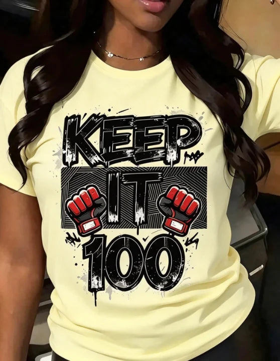 Women Crew Neck Short Sleeve T-Shirt Keep It 100 Graphic Bold Black Boxing Text Print Casual Everyday Basic Tops