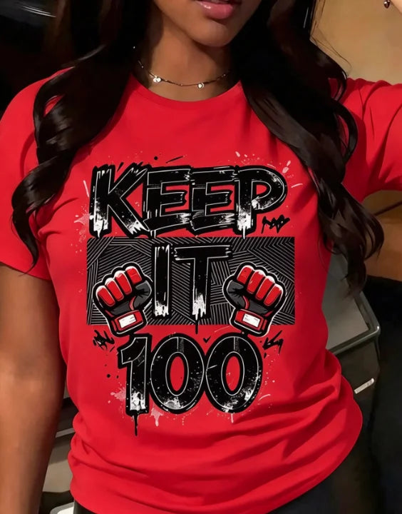Women Crew Neck Short Sleeve T-Shirt Keep It 100 Graphic Bold Black Boxing Text Print Casual Everyday Basic Tops
