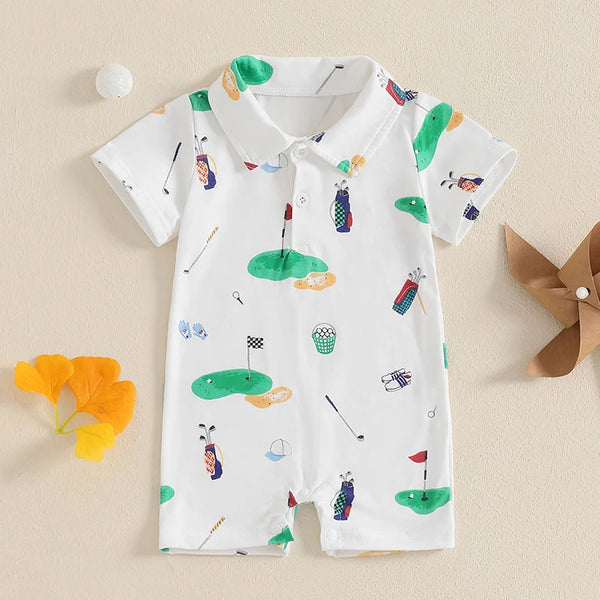 2024-11-25 Lioraitiin Baby Boy Girl Golf Romper Half Button-up Lapel Neck Short Sleeve Jumpsuit Summer Clothes