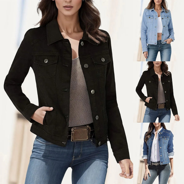 Women's Autumn Winter Thin Denim Jackets Turn Down Neck Long Sleeve Solid Color Jean Jackets Button Down Pockets Slim Crop Top