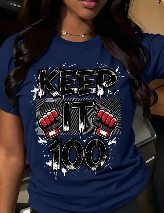 Women Crew Neck Short Sleeve T-Shirt Keep It 100 Graphic Bold Black Boxing Text Print Casual Everyday Basic Tops