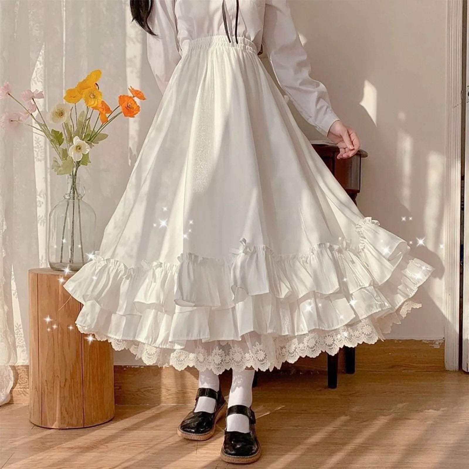 Women'S Solid Color Design Fashionable Japanese Girl Fairy Lace Half Length Skirt Black And White Maid Princess Skirt Fairy Y2k