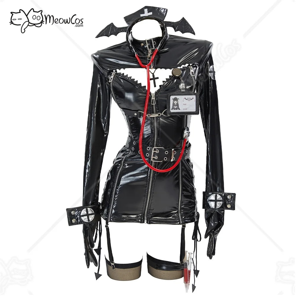 MEOWCOS Nurse Cosplay Costume Halloween Gothic Sexy Black Uniform and Headband with Thigh-High Stockings and Necklace