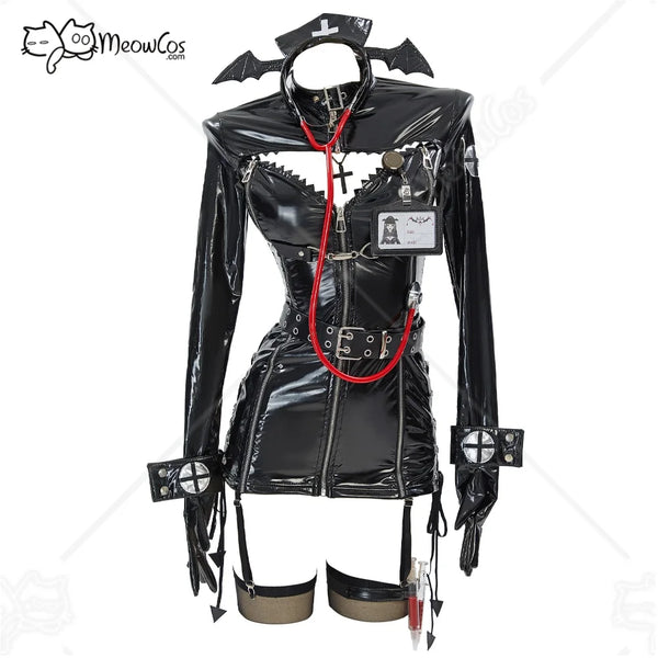MEOWCOS Nurse Cosplay Costume Halloween Gothic Sexy Black Uniform and Headband with Thigh-High Stockings and Necklace