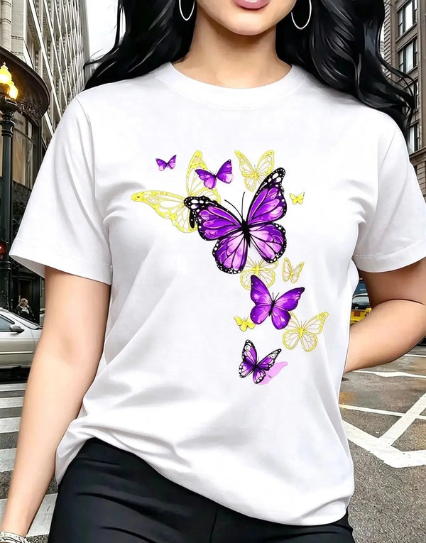 New T-shirt with Butterfly Pattern Print Round Neck Golden Element Design Exquisite and Gorgeous Breathable and Lightweight