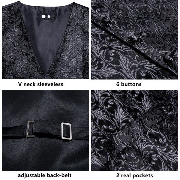 Men's Black Dress Vest Set with Tie Pocket Square Cufflinks - Jacquard Formal Tuxedo Waistcoat Suit Wedding Business Party