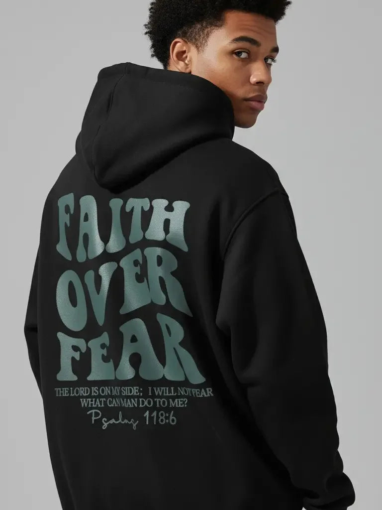 Men's Faith Over Fear Graphic Hoodie - Cotton Blend Black Long Sleeve Pullover Regular Fit | Soft & Breathable Fabric, Durable Print, Everyday Comfort, Machine Washable, Casual Urban Outdoor Commuting