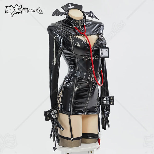 MEOWCOS Nurse Cosplay Costume Halloween Gothic Sexy Black Uniform and Headband with Thigh-High Stockings and Necklace